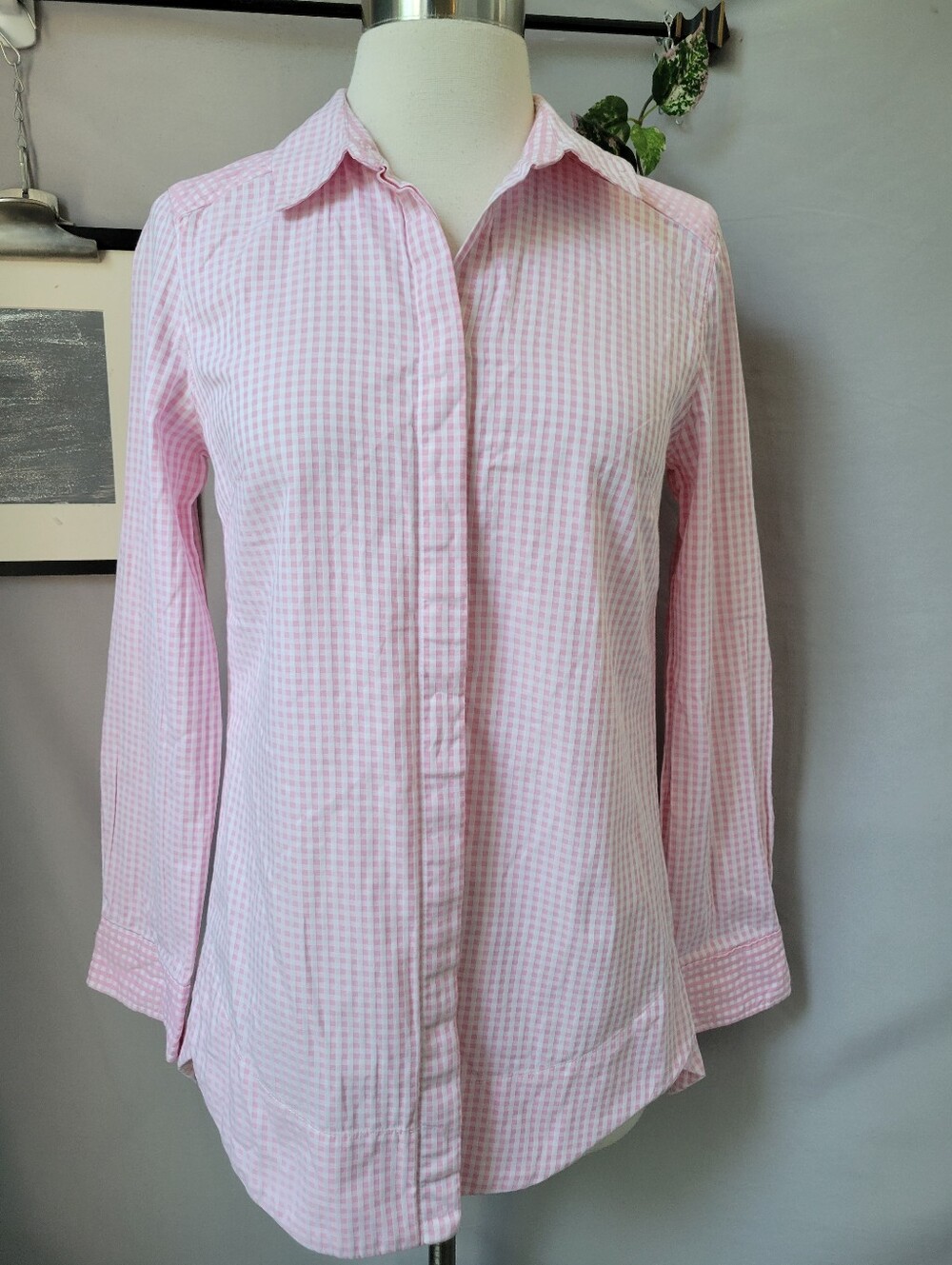 Tyler Boe Gingham Button Front Shirt Tunic Pink White Blossom 4
